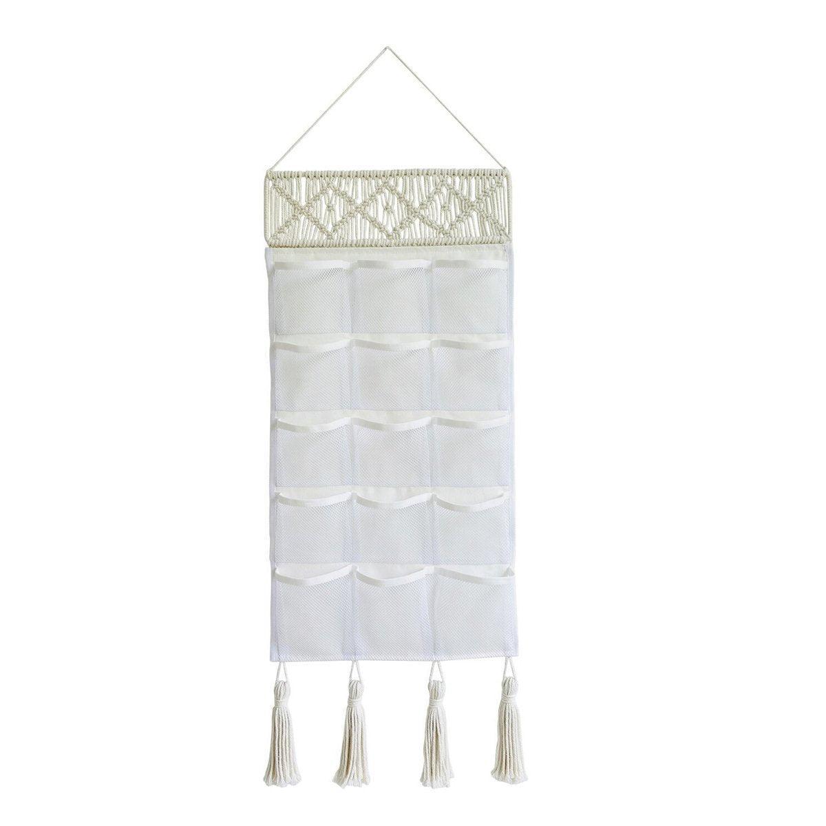 Macrame Hanging Storage Bag with 15 Mesh Pockets - Diamond Pattern