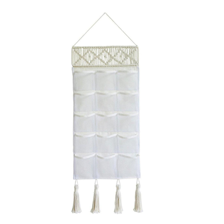Macrame Hanging Storage Bag with 15 Mesh Pockets - Diamond Pattern