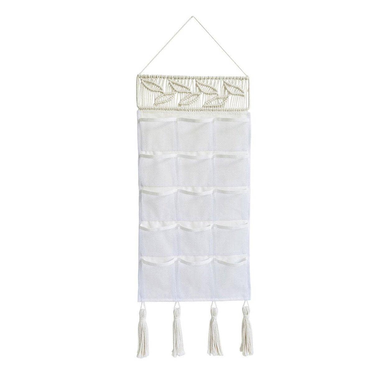 Macrame Hanging Storage Bag with 15 Mesh Pockets - Leaf Pattern