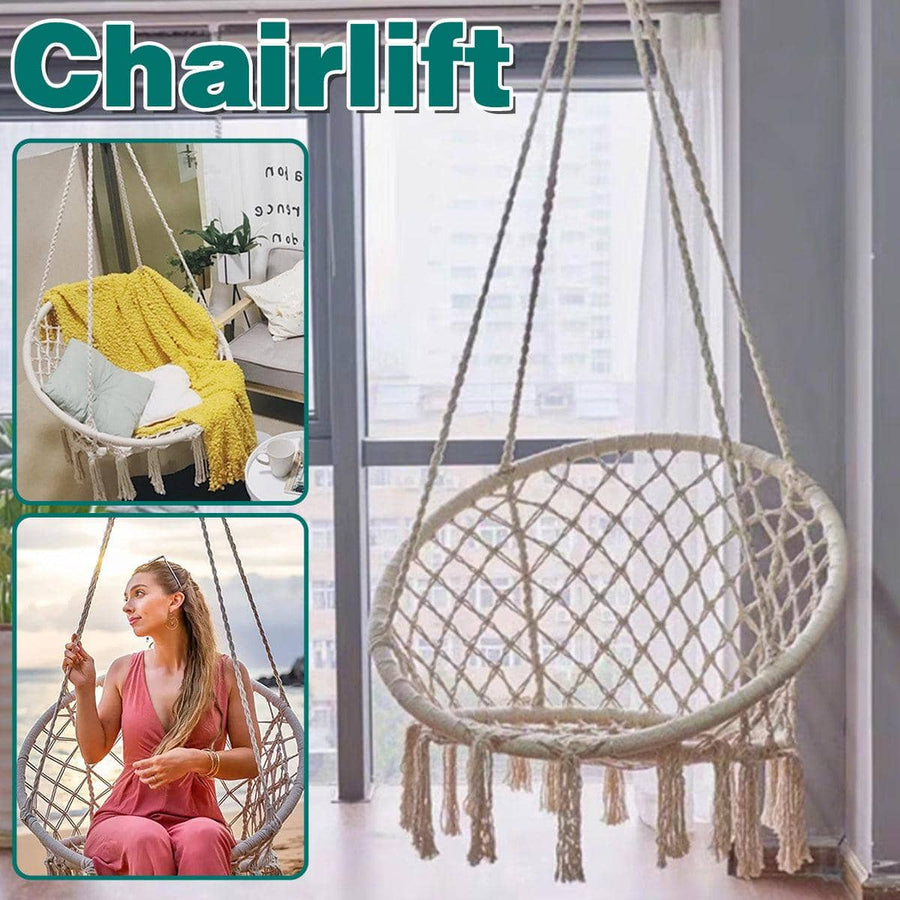 Macrame Hanging Swing Chair with Tassels, Cotton Rope and Steel Frame