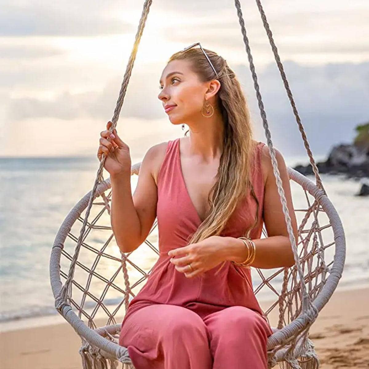 Macrame Hanging Swing Chair with Tassels, Cotton Rope and Steel Frame - view 4