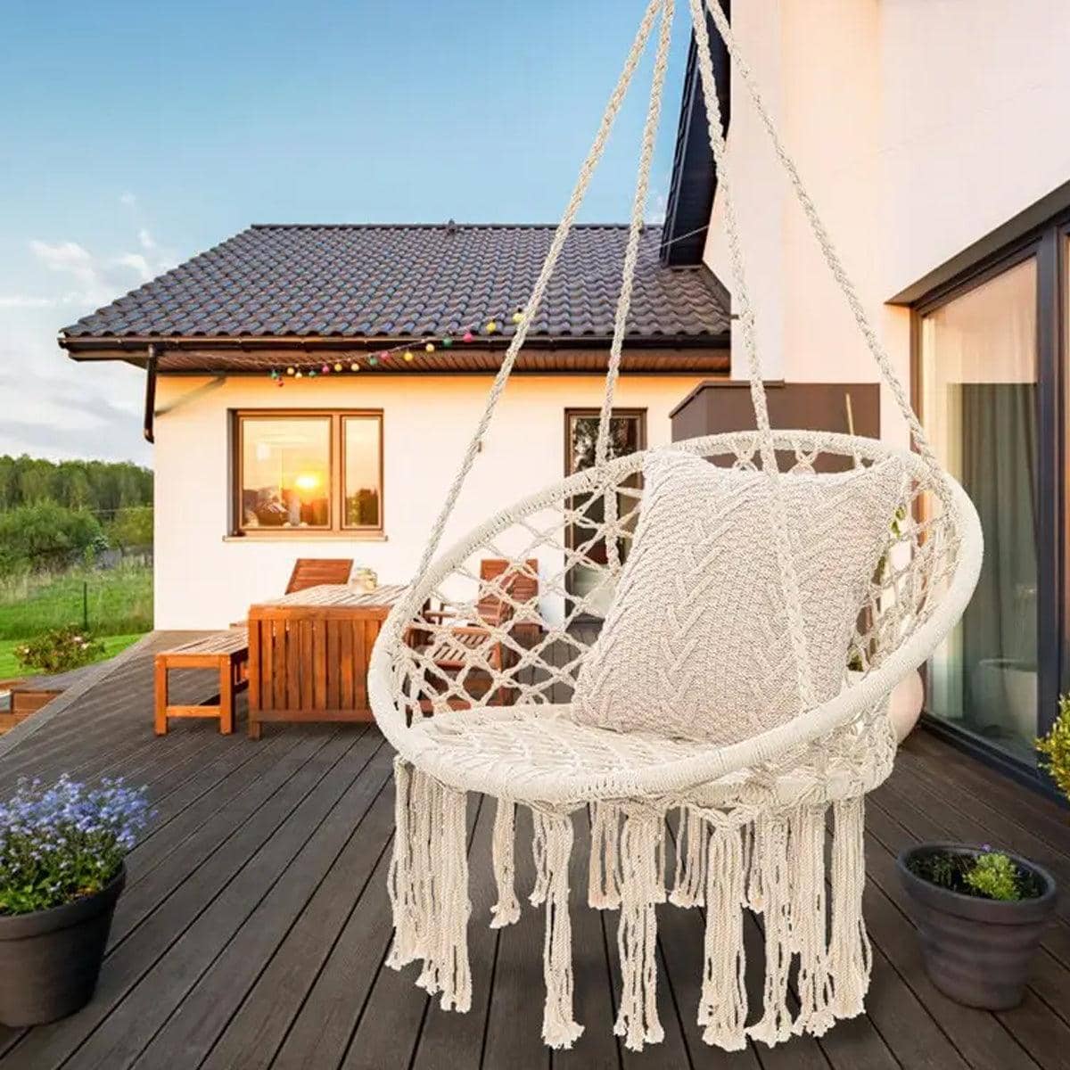 Macrame Hanging Swing Chair with Tassels, Cotton Rope and Steel Frame - view 5