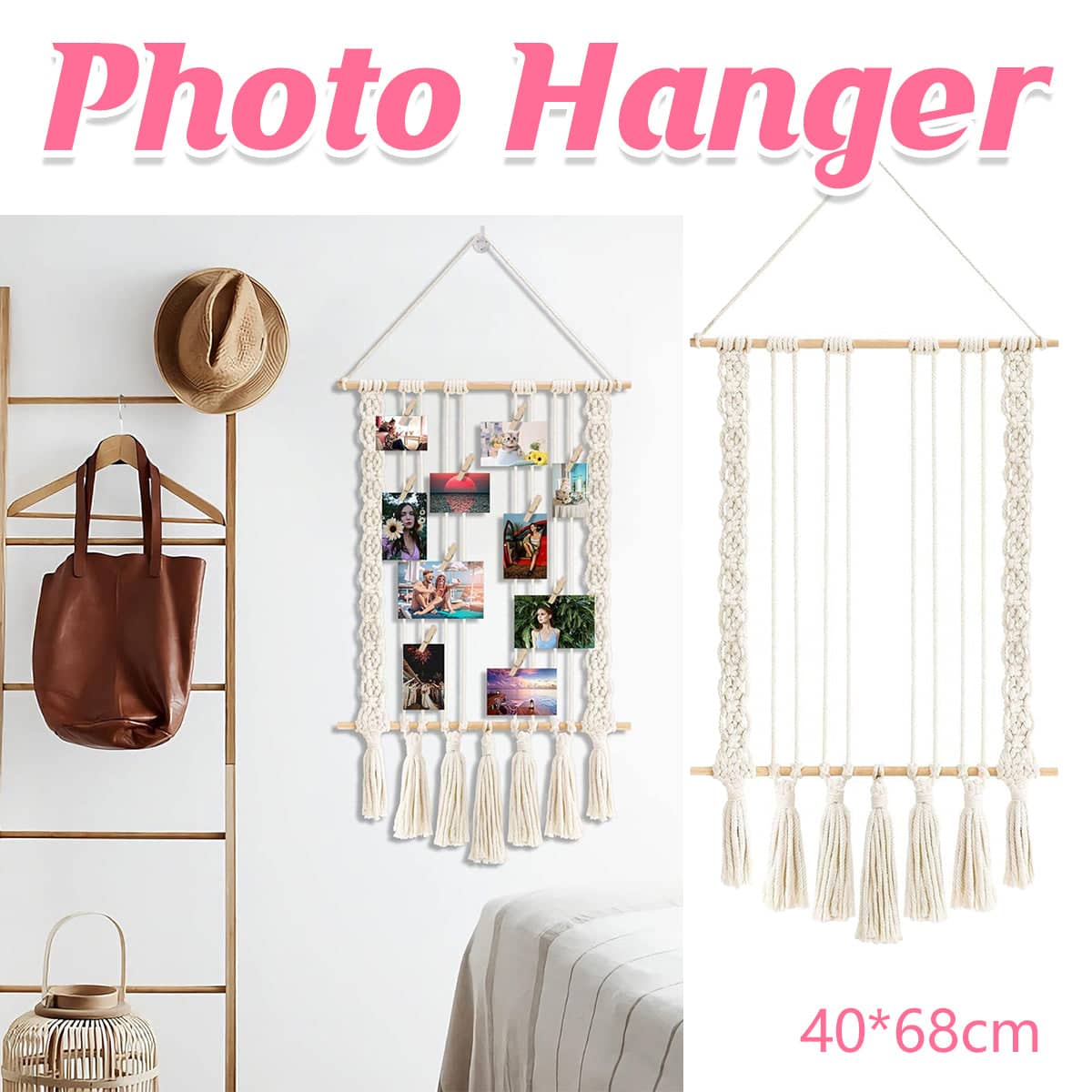 Macrame Photo Display with 30 Wood Clips, Cotton Rope, 40 x 68 cm