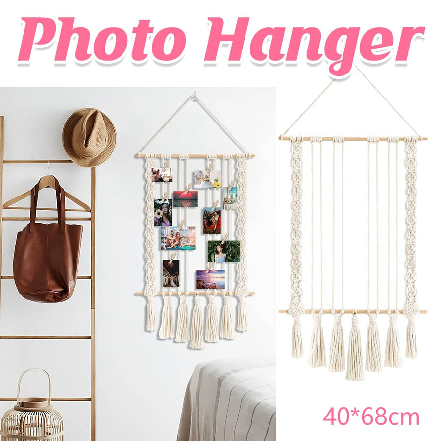 Macrame Photo Display with 30 Wood Clips, Cotton Rope, 40 x 68 cm
