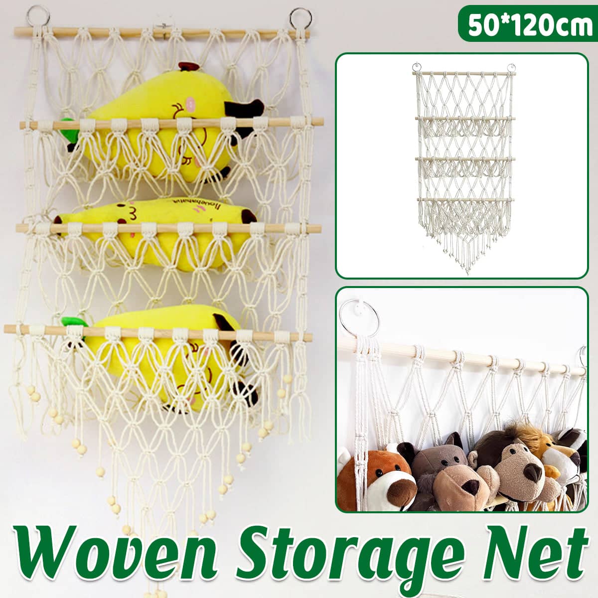 Macrame Wall Storage Rack Cotton Rope off-White Adjustable Height, 50 x 120 cm