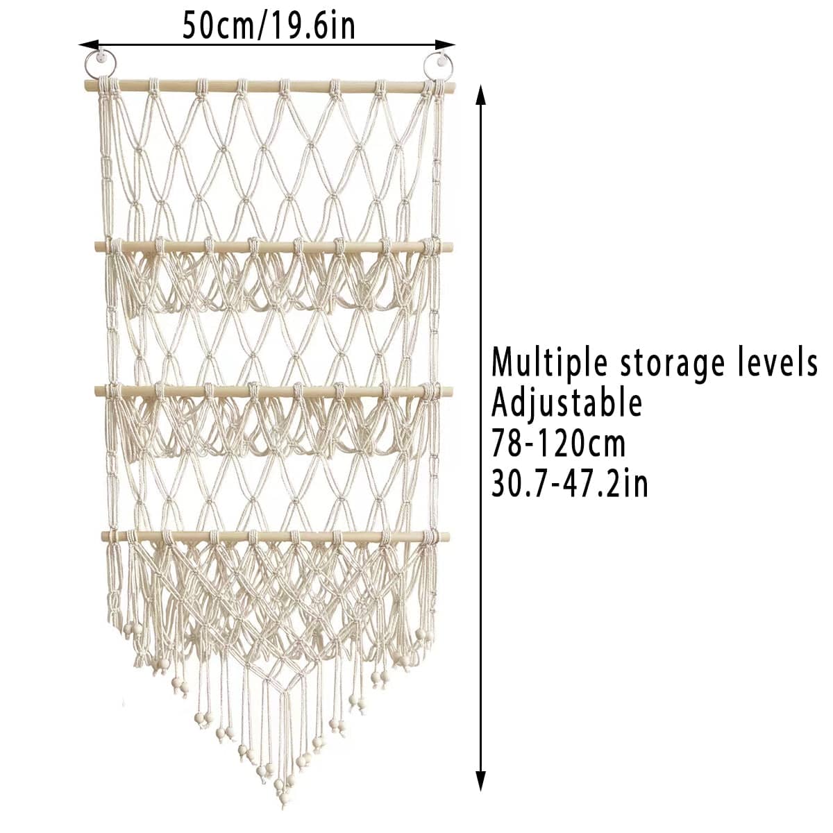 Macrame Wall Storage Rack Cotton Rope off-White Adjustable Height, 50 x 120 cm - view 3