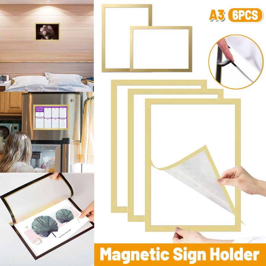 Magnetic Display Frame Set of 6, A3 Wall Mount Sign Holder, Reusable Gold Border