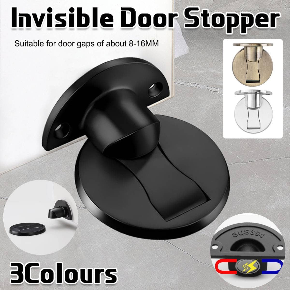 Magnetic Door Stopper - Black, Wall or Floor Mount - view 2
