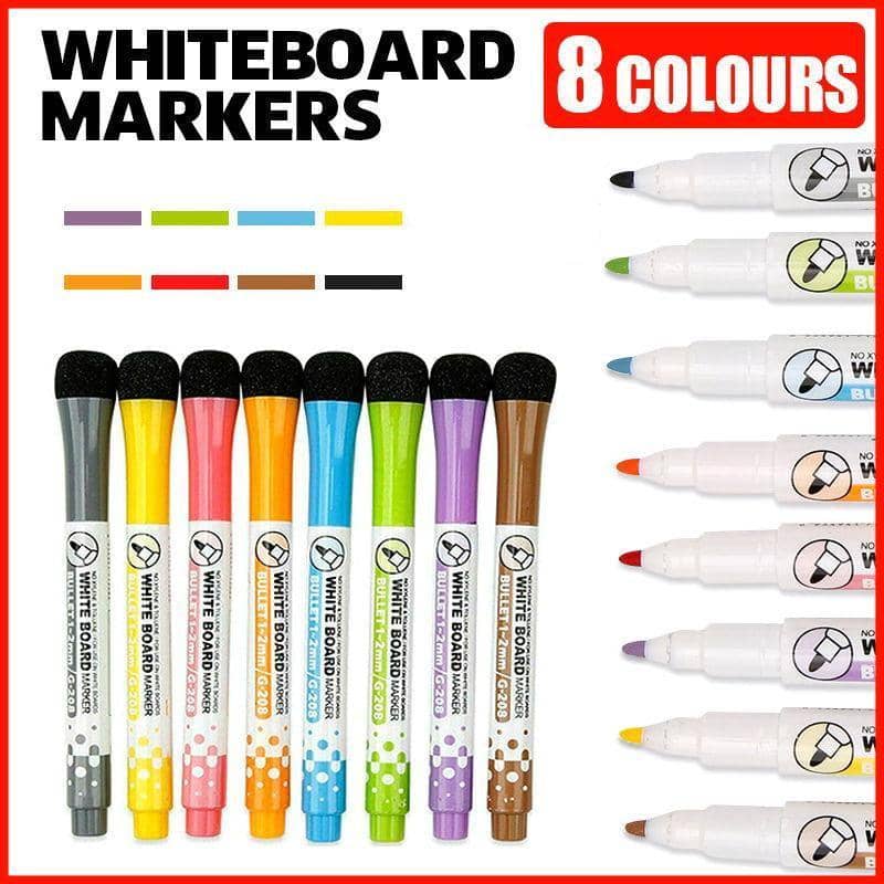 Magnetic Dry Erase Whiteboard Markers, Set of 8 Colours with Eraser Caps