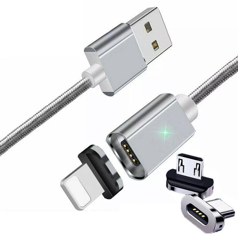 Magnetic Fast Charging Cable for iPhone, Micro USB and Type-C - Silver, 2 m
