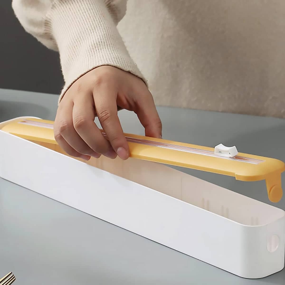 Magnetic Plastic Wrap Cutter Box for Cling Film and Foil - Blue and White - view 5