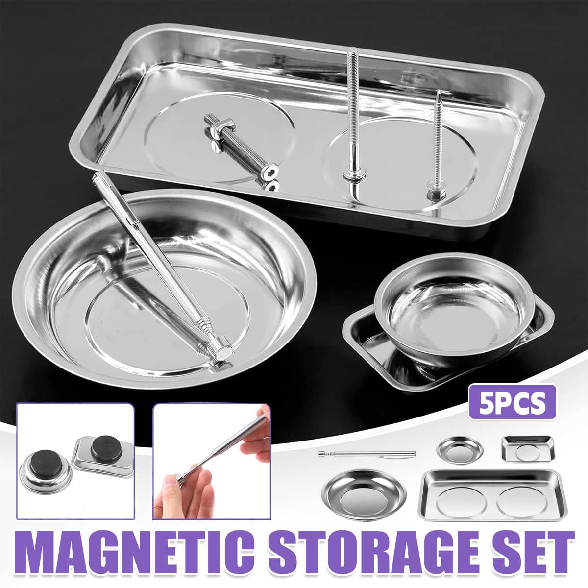 Magnetic Stainless Steel Tool Tray Set with Telescopic Pick-Up Tool - 5 Piece Set