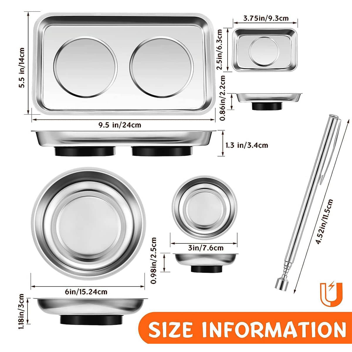 Magnetic Stainless Steel Tool Tray Set with Telescopic Pick-Up Tool - 5 Piece Set - view 3