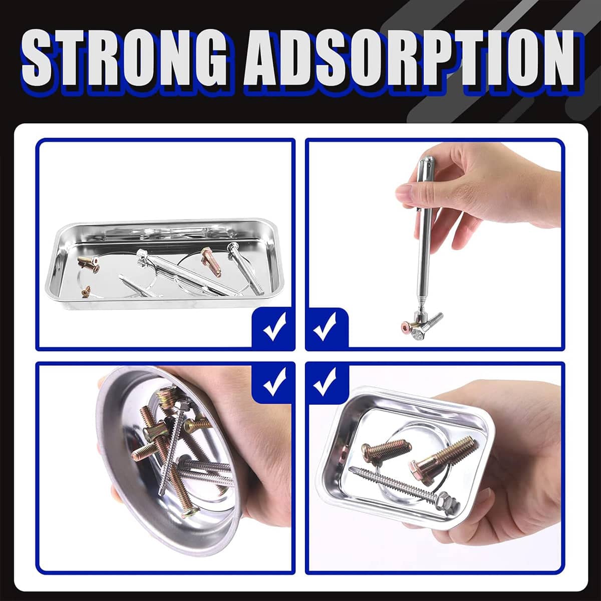 Magnetic Stainless Steel Tool Tray Set with Telescopic Pick-Up Tool - 5 Piece Set - view 4