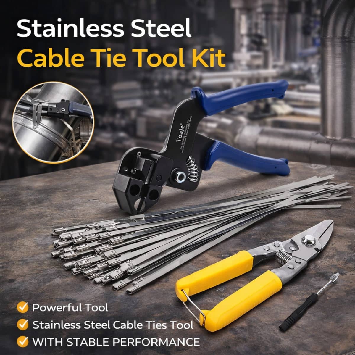 Manual Cable Tie Gun Set with 100 Stainless Steel Self Locking Ties for Cargo Bundling