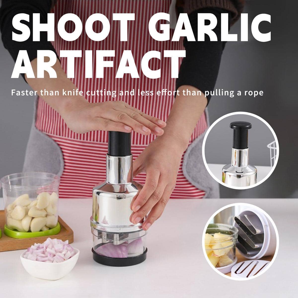 Manual Garlic and Vegetable Chopper with Stainless Steel Blades - Silver - view 2