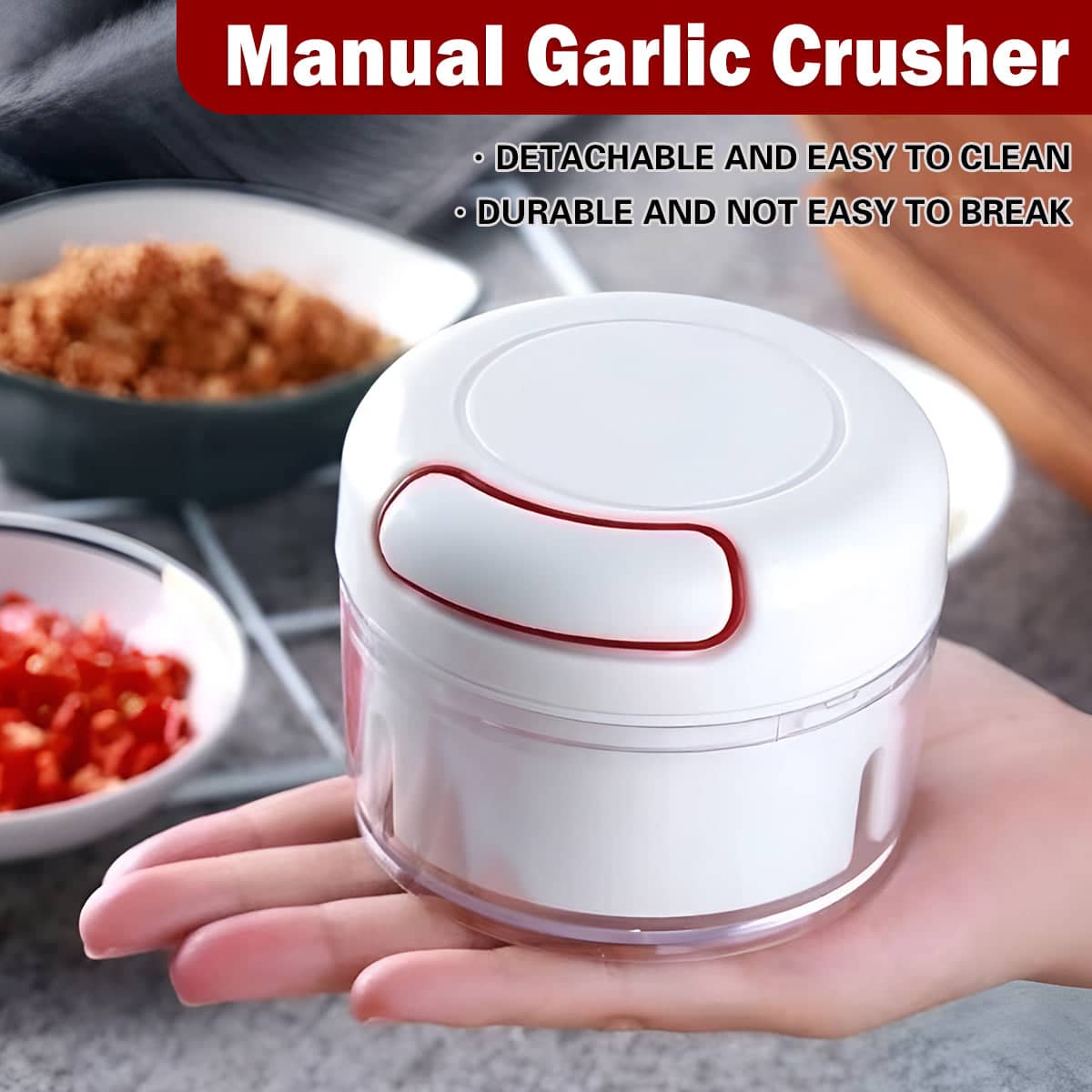 Manual Garlic Chopper with Pull Cord and 304 Stainless Steel Blade, 170 ml