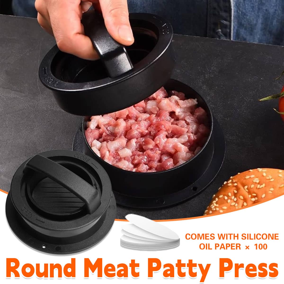 Manual Hamburger Press Round Patty Mould with 100 Wax Paper Discs - Black