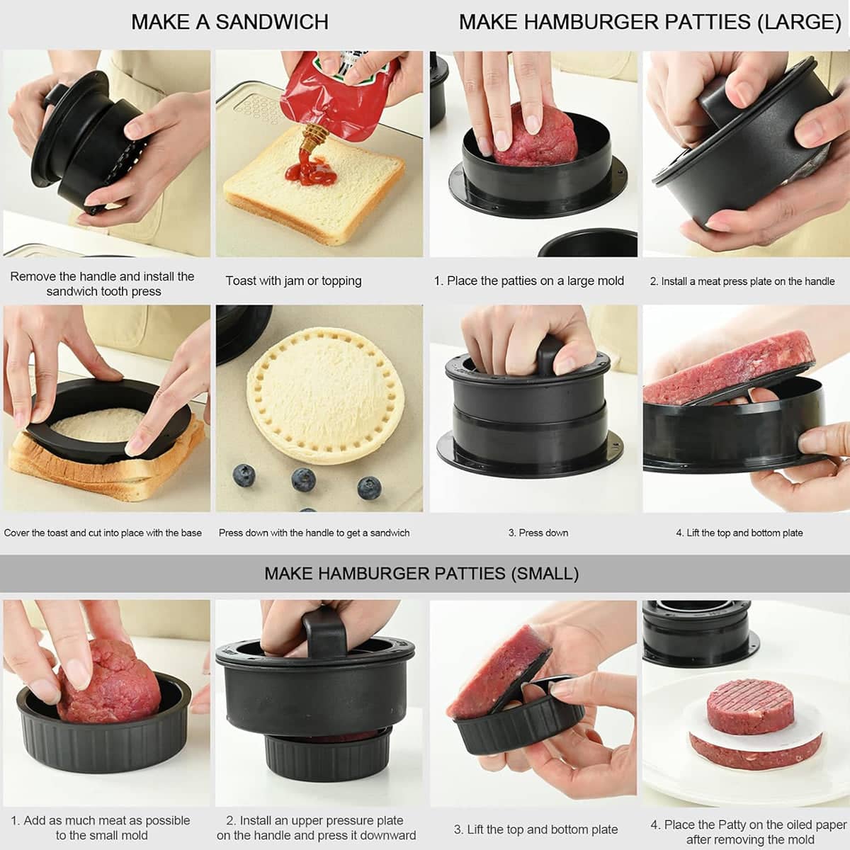 Manual Hamburger Press Round Patty Mould with 100 Wax Paper Discs - Black - view 4