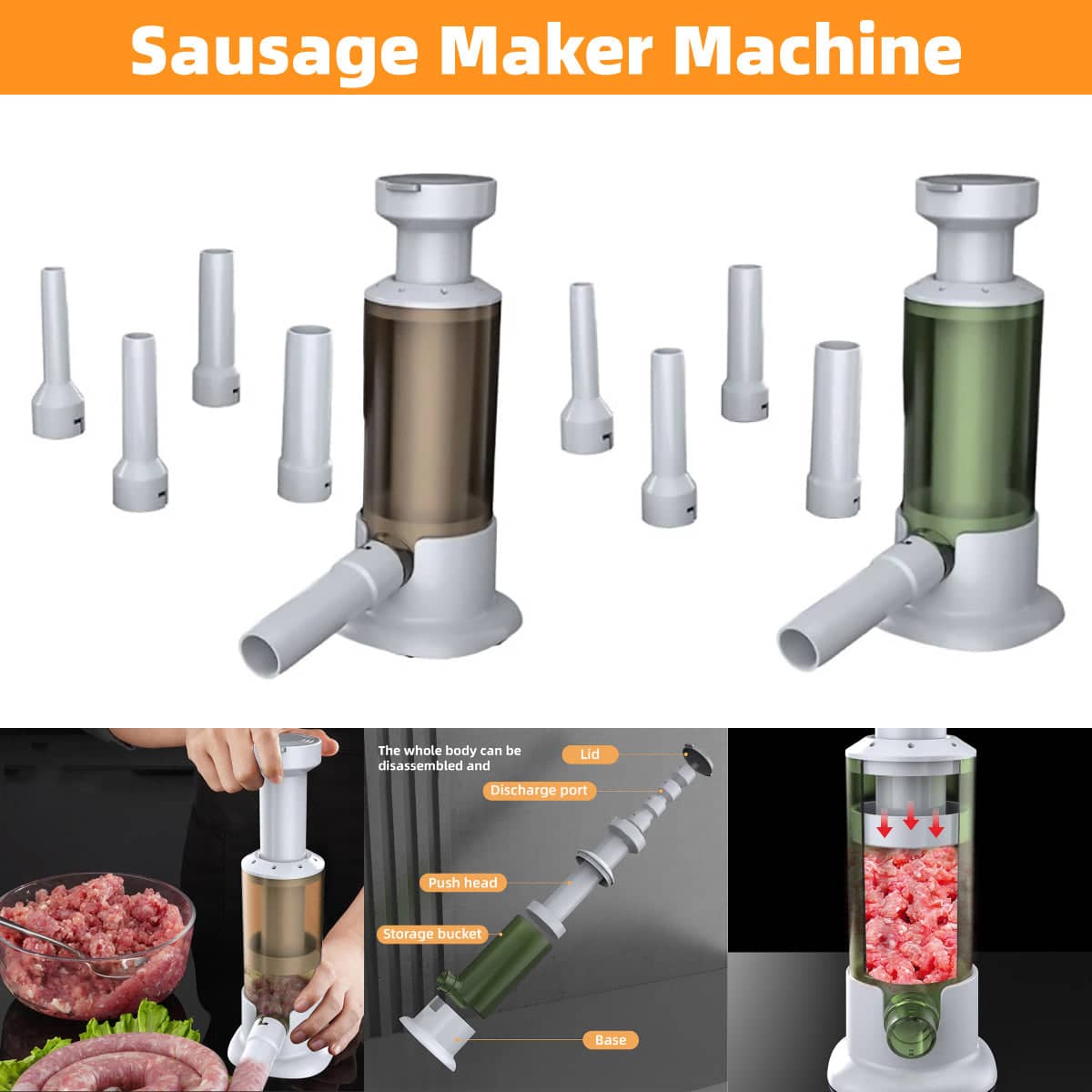 Manual Sausage Stuffer with 4 Nozzles - Brown - view 2
