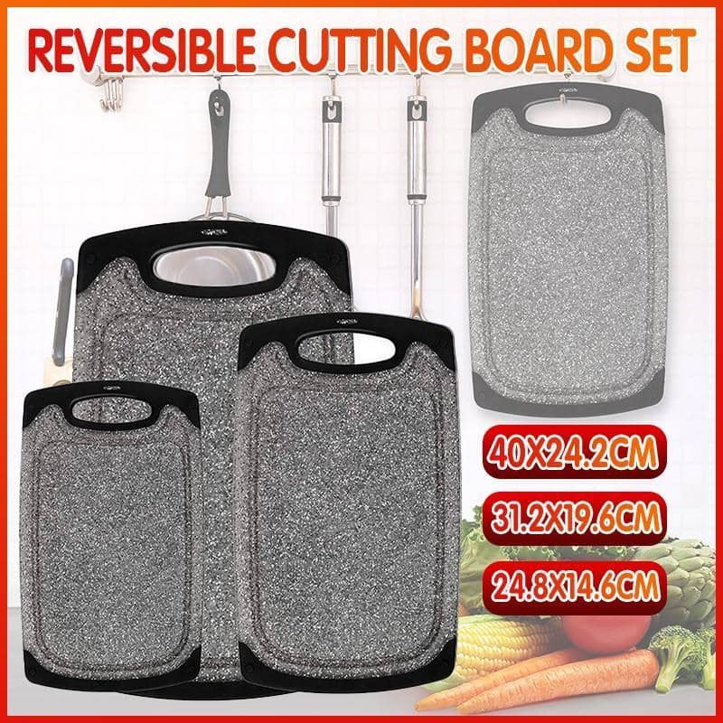 Marble-Look Chopping Board Set of 3 with Juice Grooves - Grey and Black