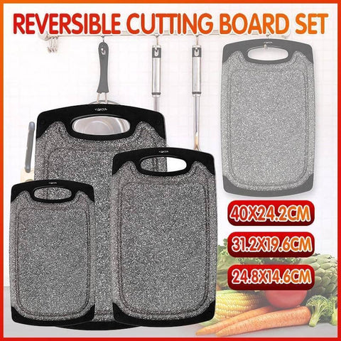 Marble-Look Chopping Board Set of 3 with Juice Grooves - Grey and Black
