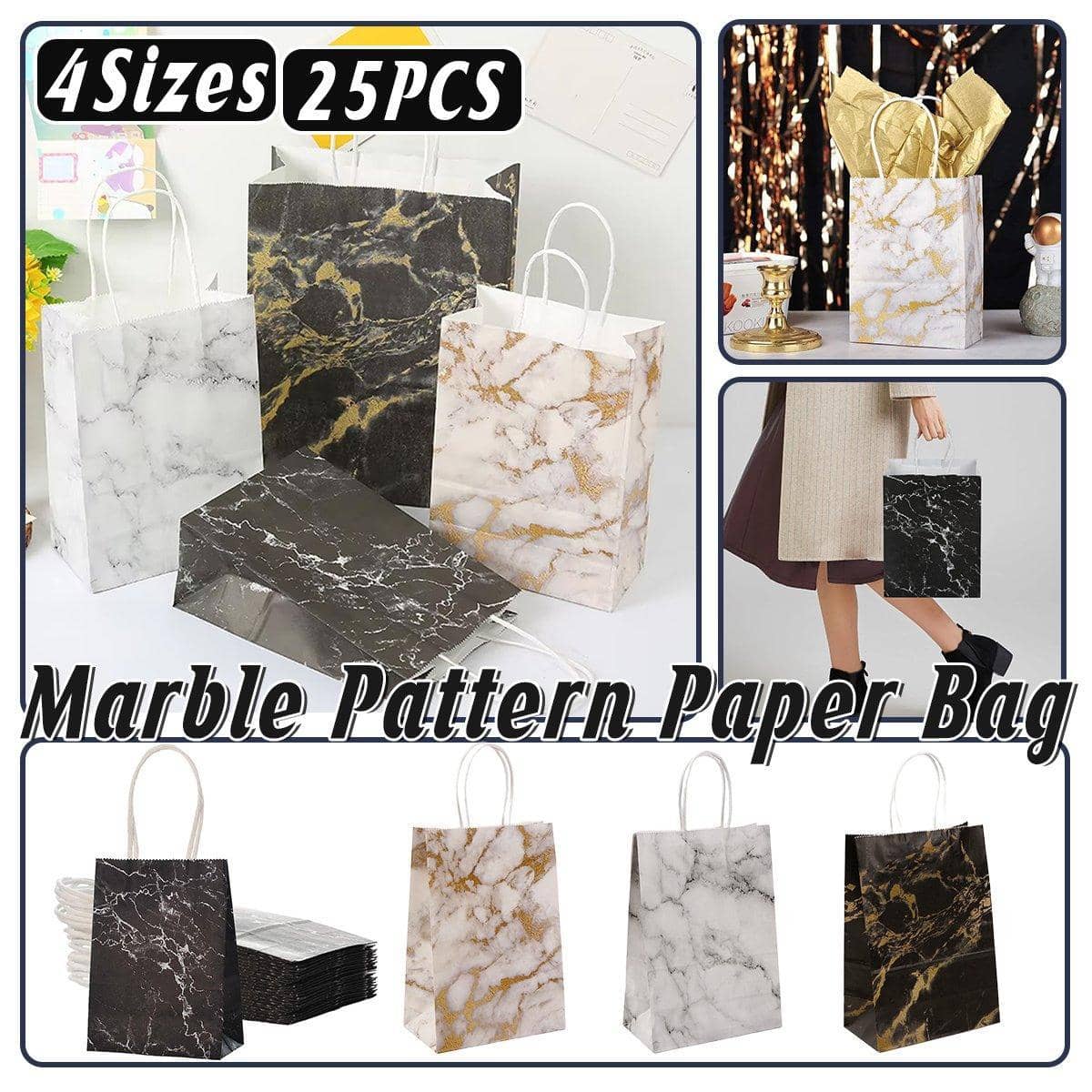 Marble Paper Gift Bags, Pack of 25 - Medium (15 x 8 x 21 cm), White and Black - view 2
