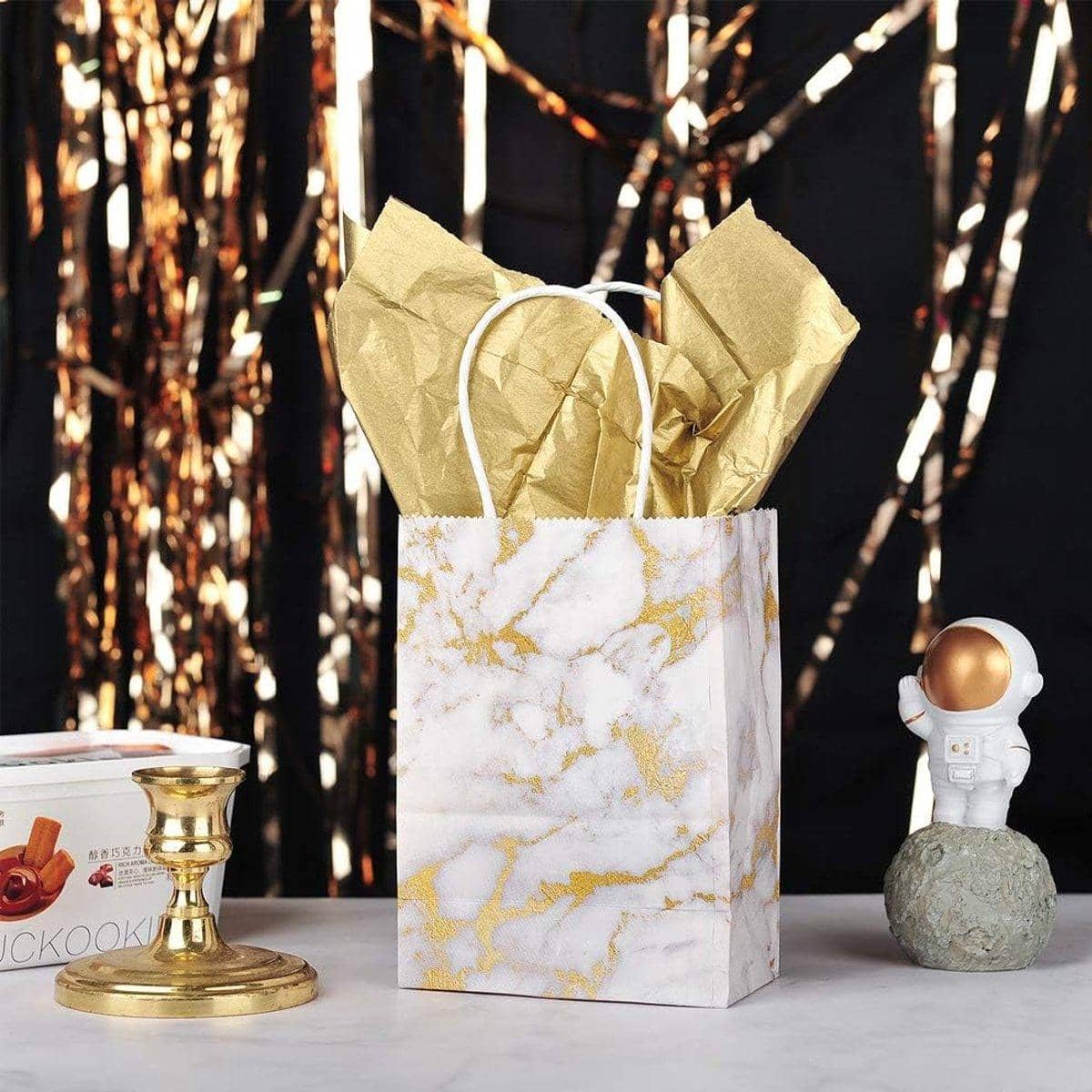 Marble Paper Gift Bags, Pack of 25 - Medium (15 x 8 x 21 cm), White and Gold