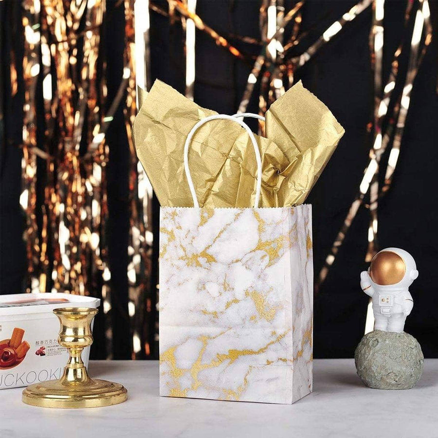 Marble Paper Gift Bags, Pack of 25 - Medium (15 x 8 x 21 cm), White and Gold