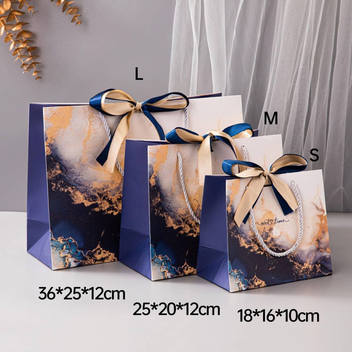 Marble Pattern Paper Gift Bags with Ribbon, Pack of 25 - 18 x 16 x 10 cm - view 4