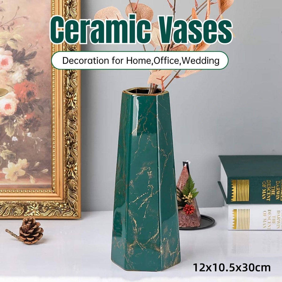 Marbled Ceramic Vase Simple Home Living Room Decor Flower Arrangement Piece - Green