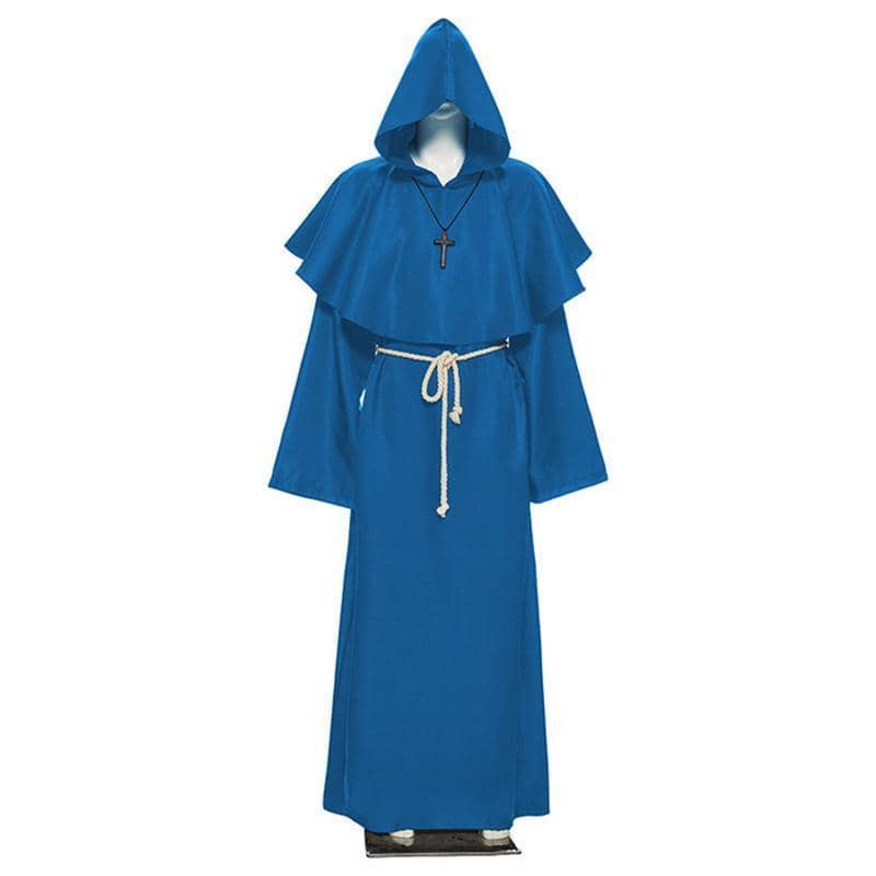 Medieval Friar Hooded Robe Costume with Cross Necklace - Blue, Extra Large (Length 168 cm)