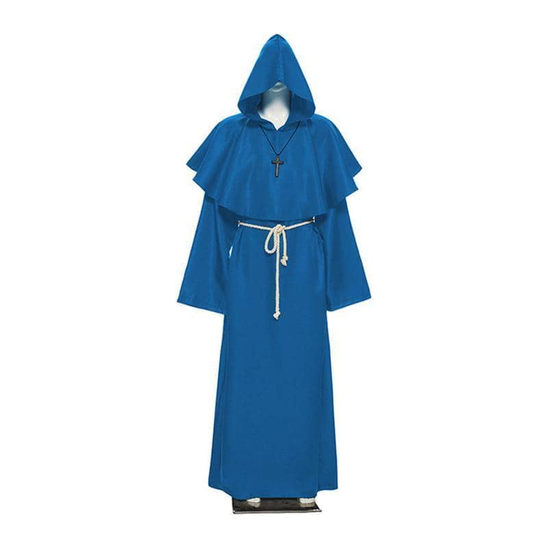 Medieval Friar Hooded Robe Costume with Cross Necklace - Blue, Large (Length 158 cm)