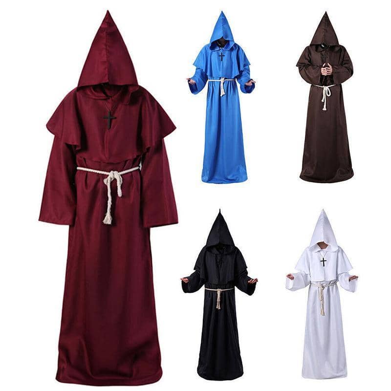 Medieval Friar Hooded Robe Costume with Cross Necklace - Blue, Medium (Length 148 cm) - view 3
