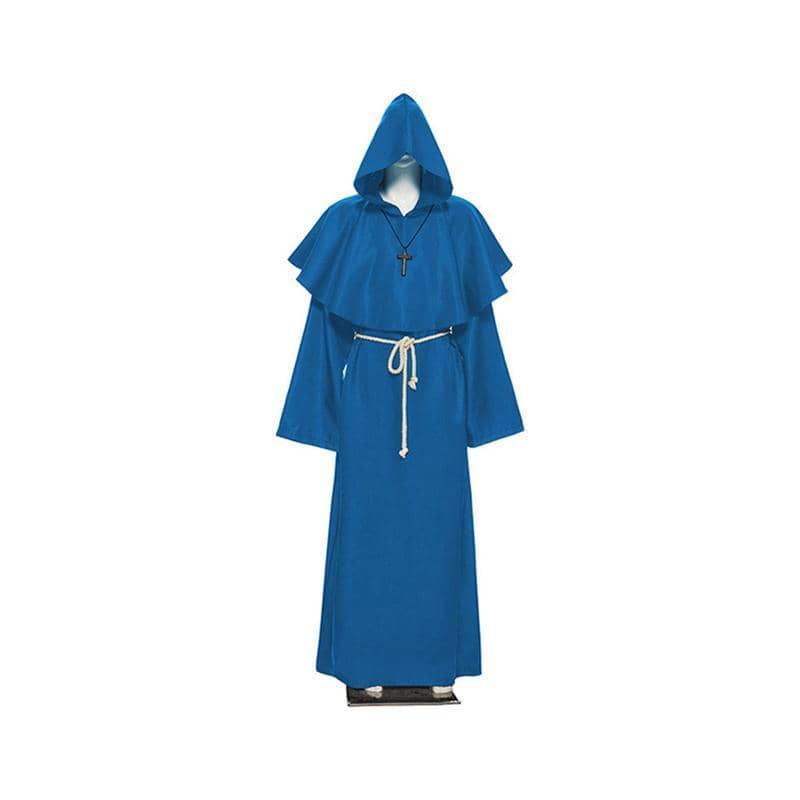 Medieval Friar Hooded Robe Costume with Cross Necklace - Blue, Small (Length 138 cm)