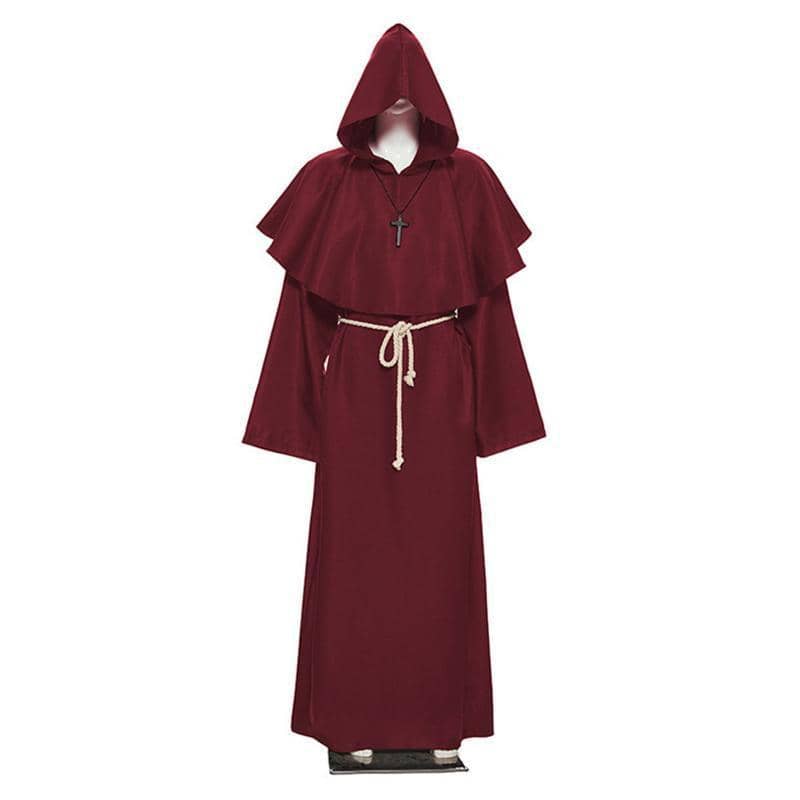 Medieval Friar Hooded Robe Costume with Cross Necklace - Dark Red, Extra Large (Length 168 cm)