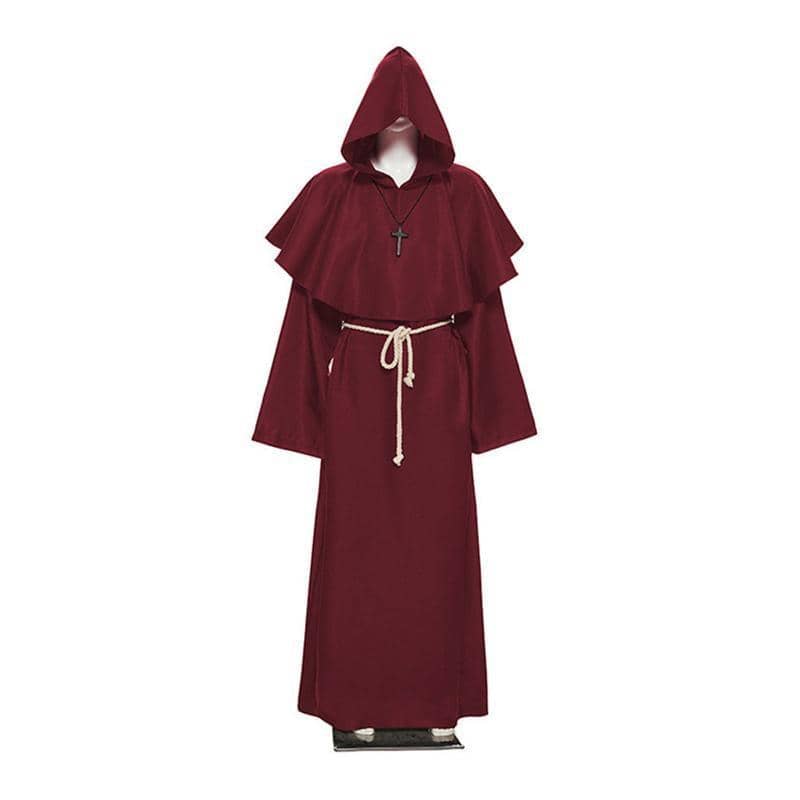 Medieval Friar Hooded Robe Costume with Cross Necklace - Dark Red, Large (Length 158 cm)