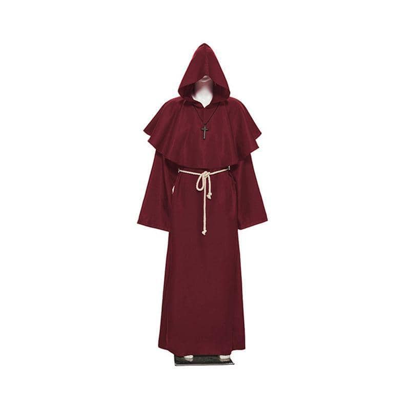 Medieval Friar Hooded Robe Costume with Cross Necklace - Dark Red, Small (Length 138 cm)