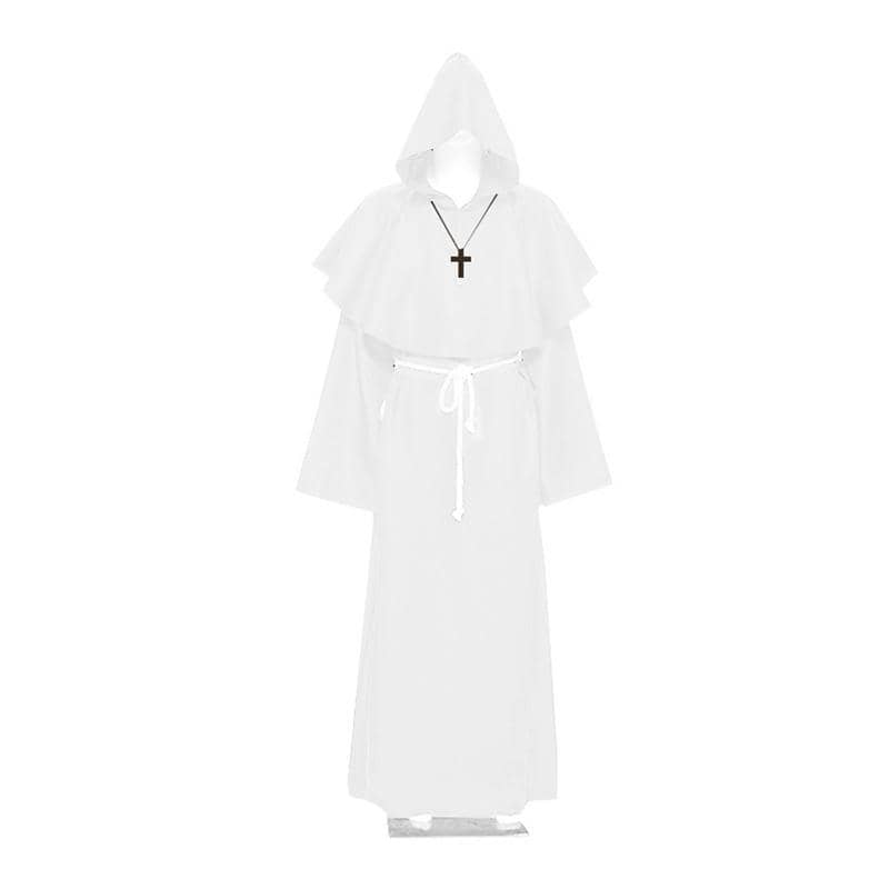 Medieval Friar Hooded Robe Costume with Cross Necklace - White, Large (Length 158 cm)
