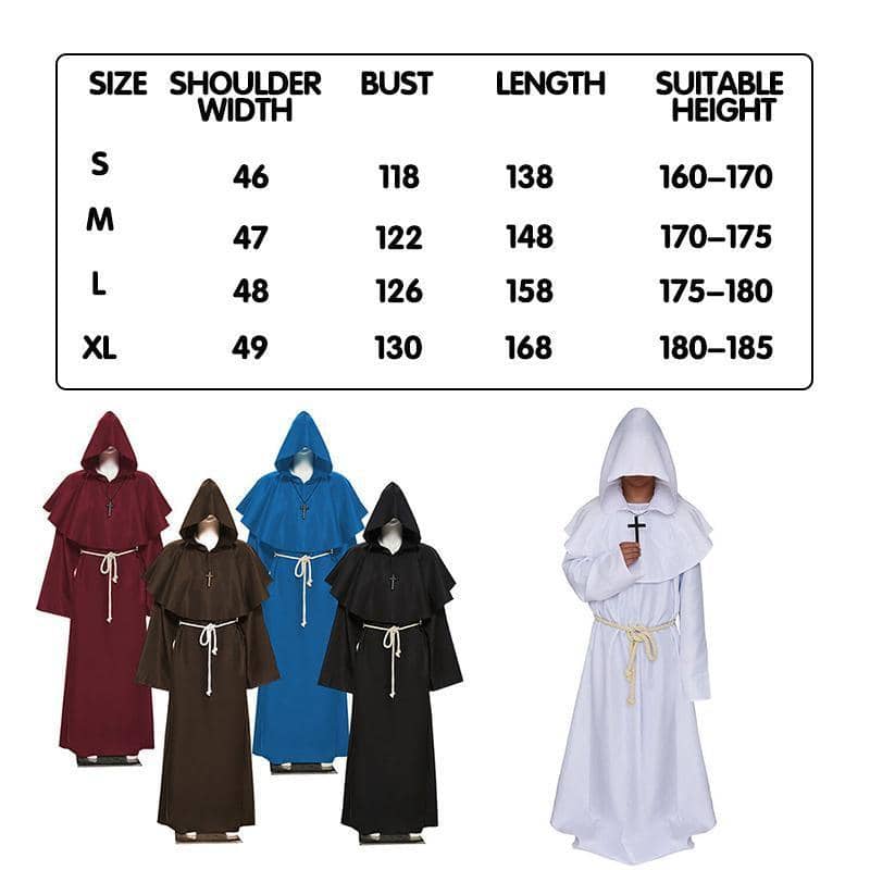 Medieval Friar Hooded Robe Costume with Cross Necklace - White, Large (Length 158 cm) - view 4
