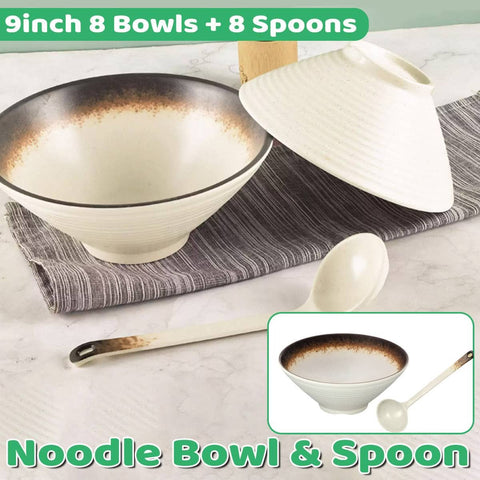 Melamine Ramen Noodle Bowl and Spoon Set of 8, 9 Inch (23 cm) Japanese Style
