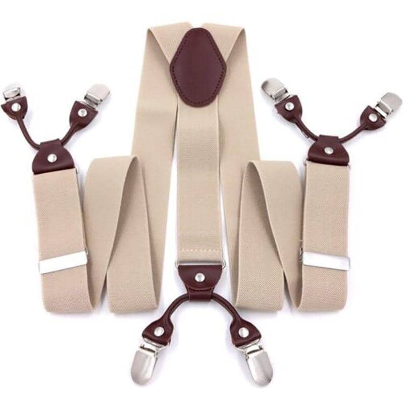 Men's 35 mm Wide Elastic Suspenders with 6 Clips - Khaki