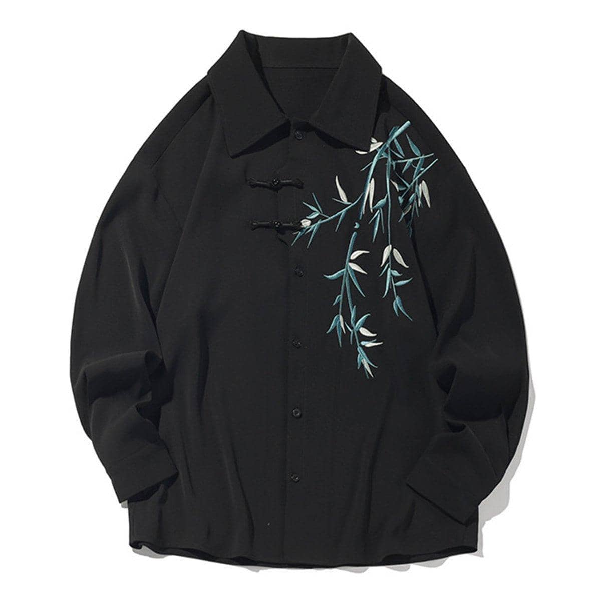 Men's Bamboo Embroidered Long Sleeve Shirt - Black, Size 3XL (Chest 130 cm)