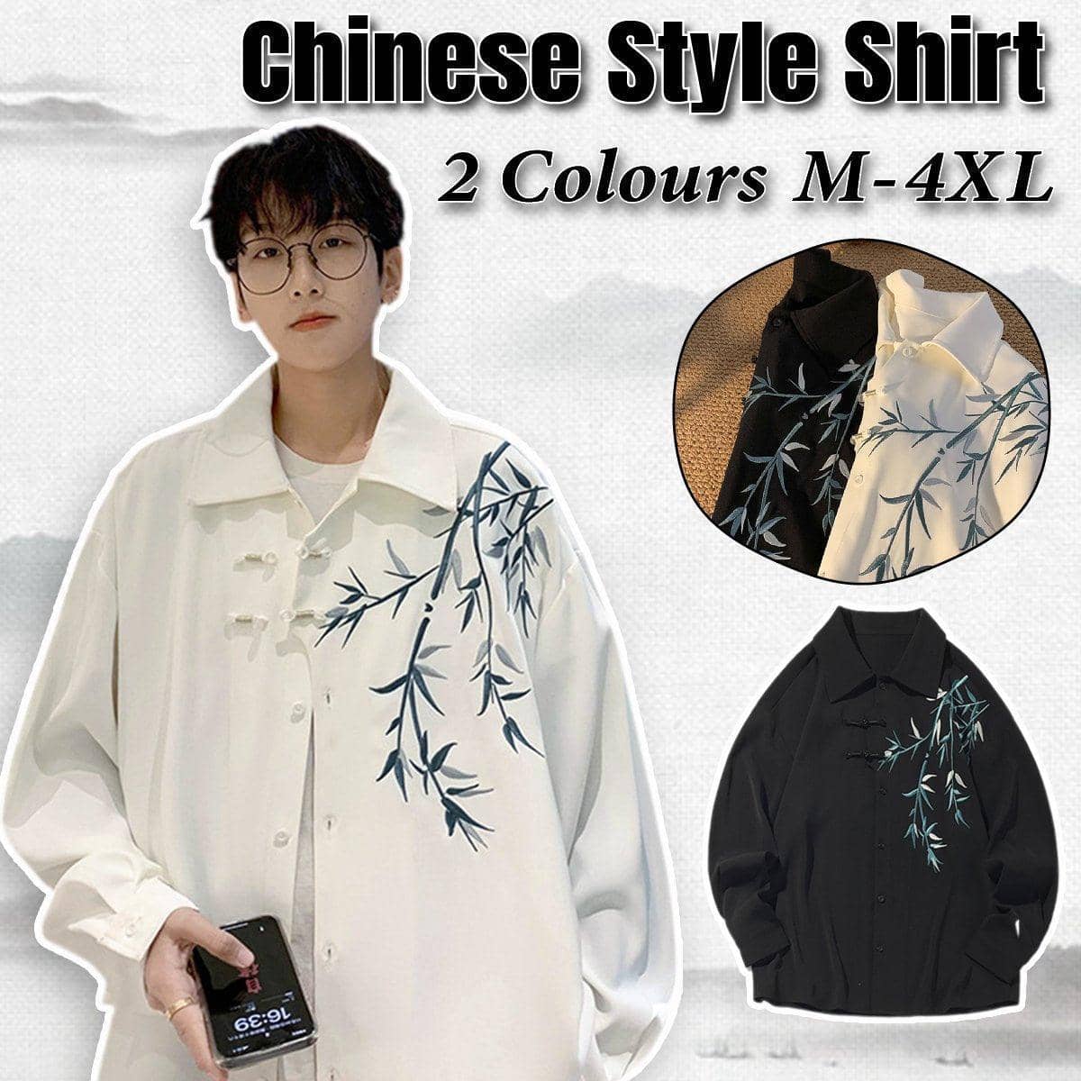 Men's Bamboo Embroidered Long Sleeve Shirt - White, Size 4XL (Chest 134 cm) - view 2