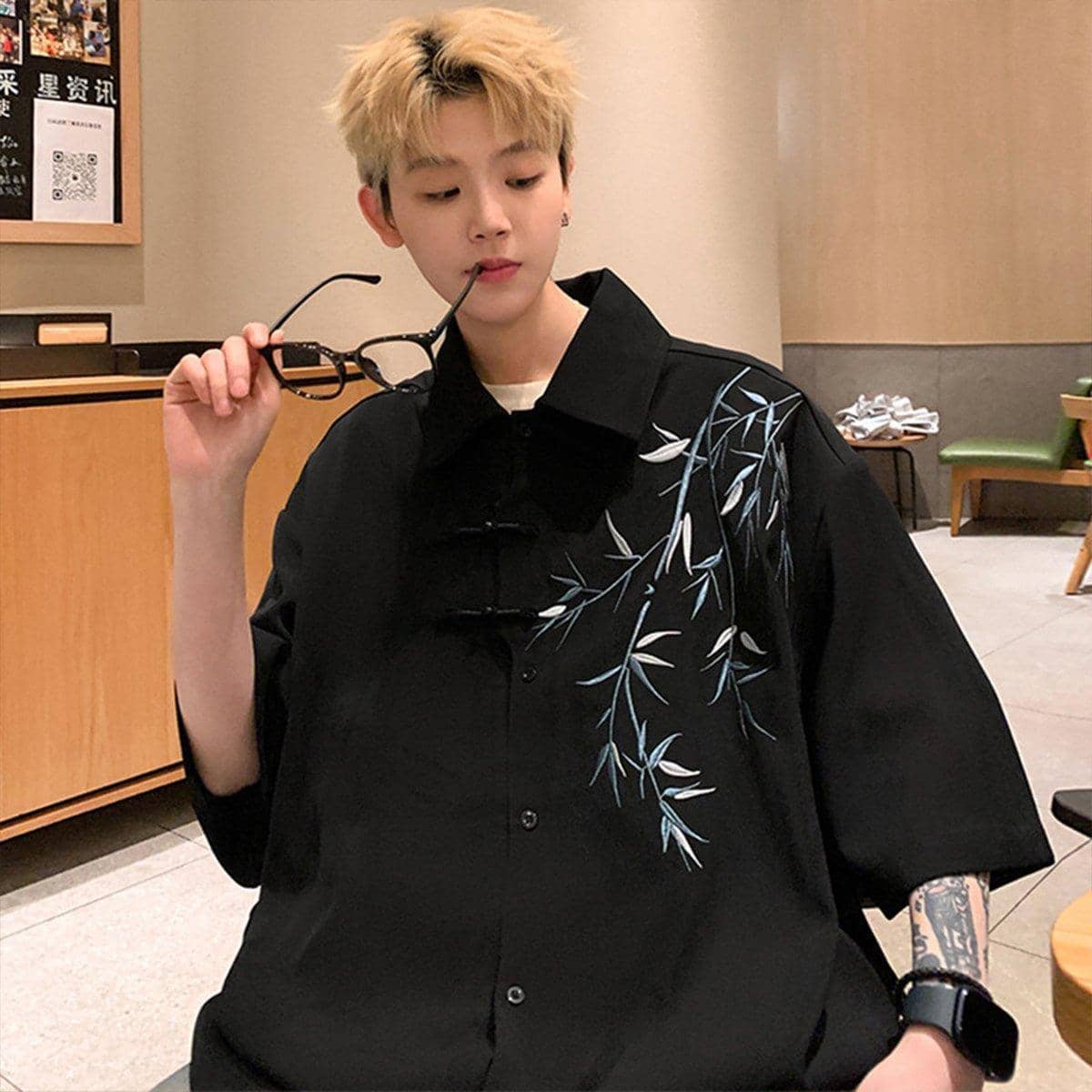 Men's Chinese Style Bamboo Embroidery Short Sleeve Shirt - Black, Size 2XL (Chest 122 cm) - view 4