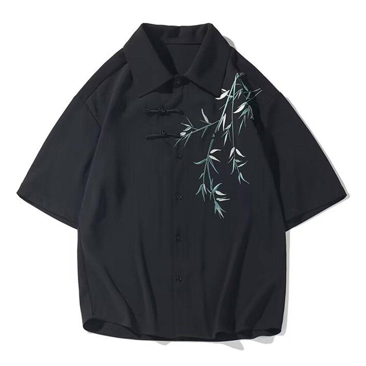 Men's Chinese Style Bamboo Embroidery Short Sleeve Shirt - Black, Size 3XL (Chest 126 cm)