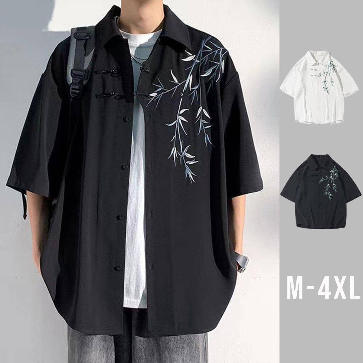 Men's Chinese Style Bamboo Embroidery Short Sleeve Shirt - Black, Size 3XL (Chest 126 cm) - view 5