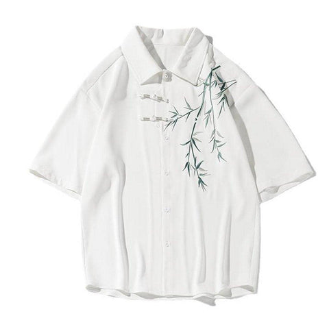 Men's Chinese Style Bamboo Embroidery Short Sleeve Shirt - White, Size 2XL (Chest 122 cm)