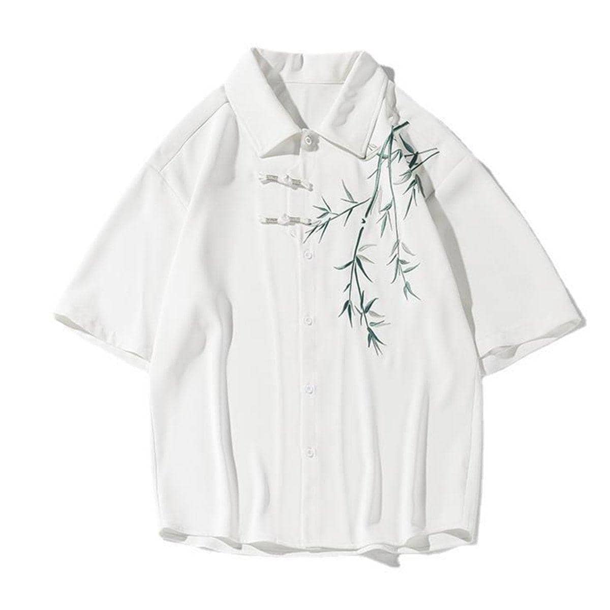 Men's Chinese Style Bamboo Embroidery Short Sleeve Shirt - White, Size 3XL (Chest 126 cm)