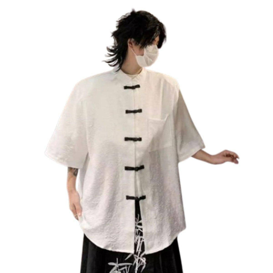 Men's Chinese Style Short Sleeve Shirt, Loose Summer Zhongshan Top - White, XL